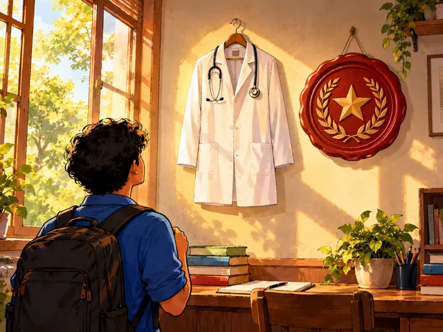 Illustration: a student with a backpack looks up at a doctor's white coat and stethoscope hanging beside a large red wax-style seal with a star.
