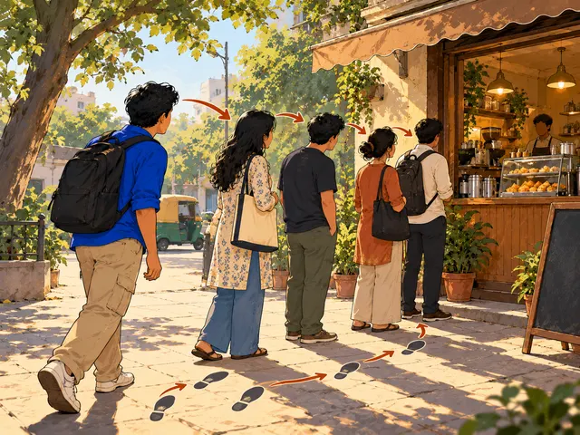 Illustration: people join a short café queue one after another, arrows and footprints leading from each person to the next.