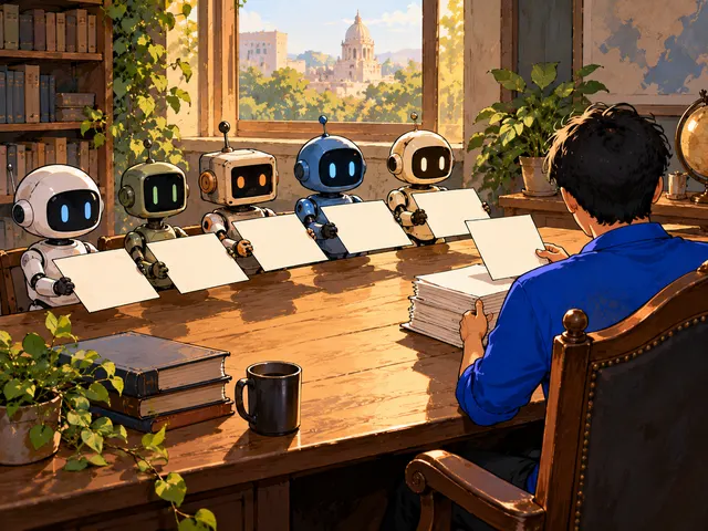 Illustration: five small robots at a long table each hand a blank card to a man in a blue shirt, who stacks them.