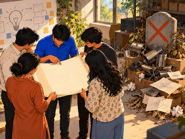 Illustration: a team huddles over a large blank scroll while, behind them, unused parts pile up beside a headstone marked with a red cross.