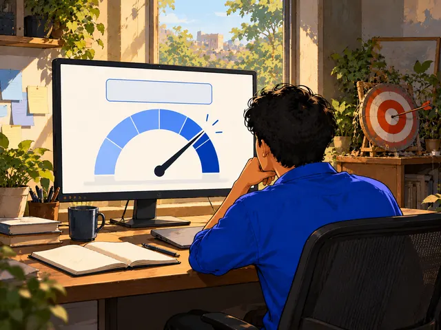 Illustration: a man stares at a big gauge on his monitor while a dartboard target sits ignored on the shelf beside him.