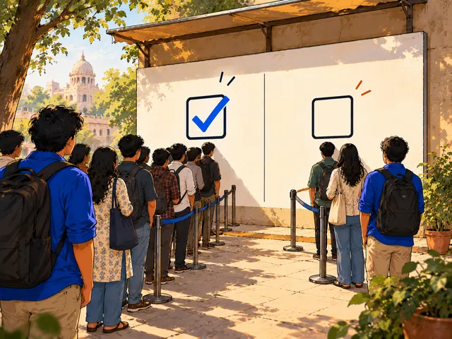 Illustration: two boxes on a wall, one already ticked; a long line of people queues under the ticked box and a short line under the empty one.
