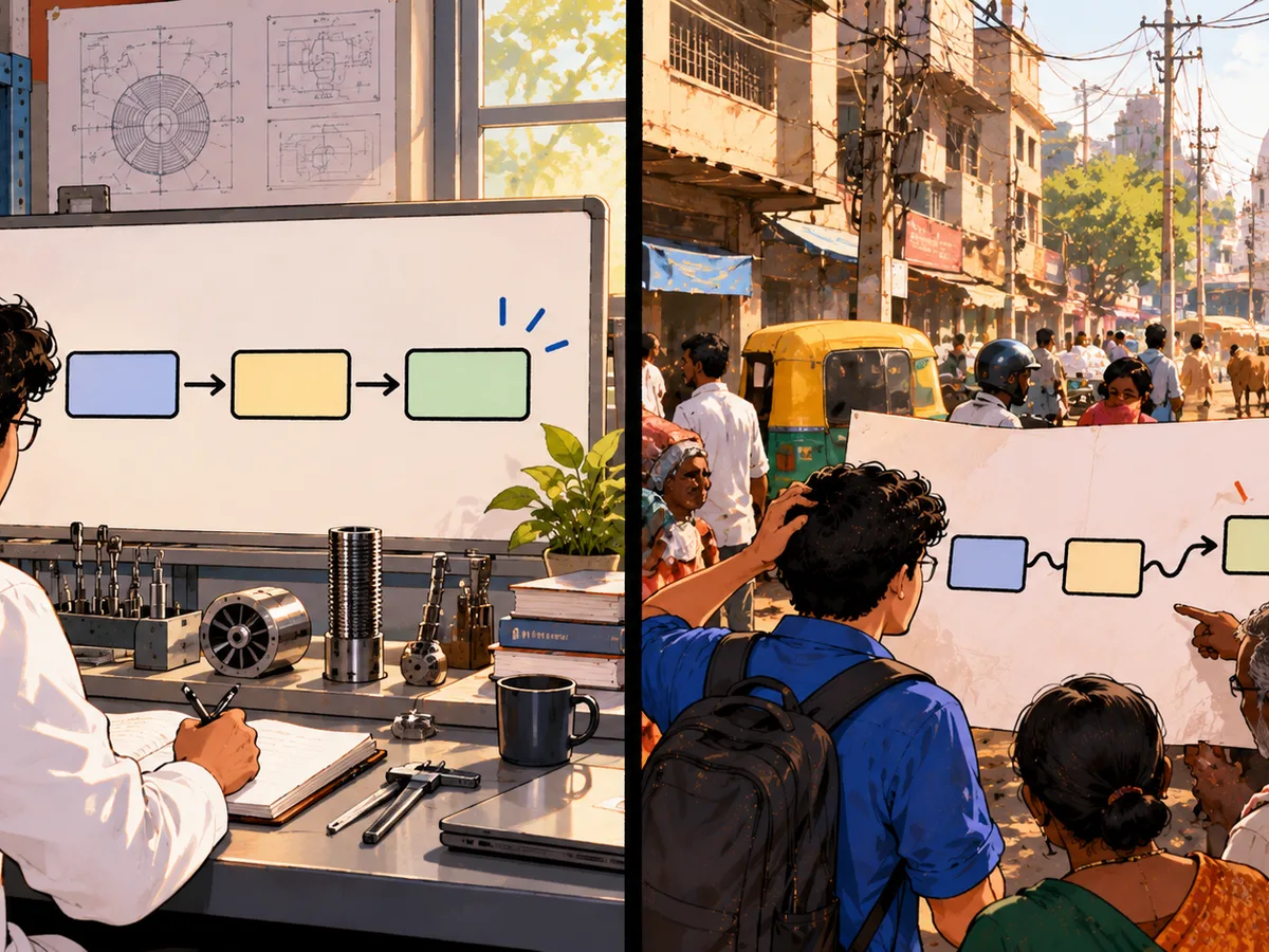 Illustration in two halves: on the left, a person in a lab coat follows a neat three-step plan on a whiteboard; on the right, the same plan on a sheet meets a busy Indian street.
