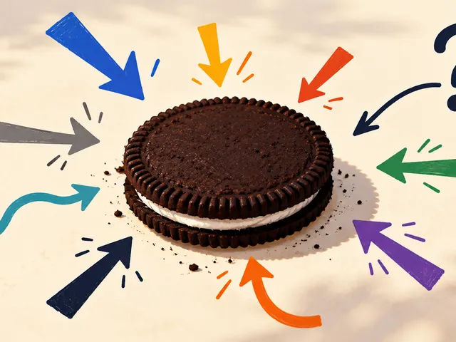 Illustration: a chocolate sandwich biscuit in the centre, with many coloured arrows and a question mark pointing at it from all sides.