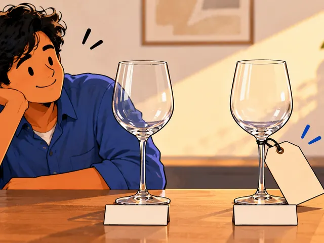 Illustration: a young man smiles at two identical empty wine glasses, one wearing a price tag.