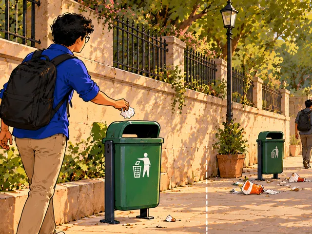 Illustration: a student drops paper into a green bin on a tree-lined pavement, with a second bin and a little litter further along.