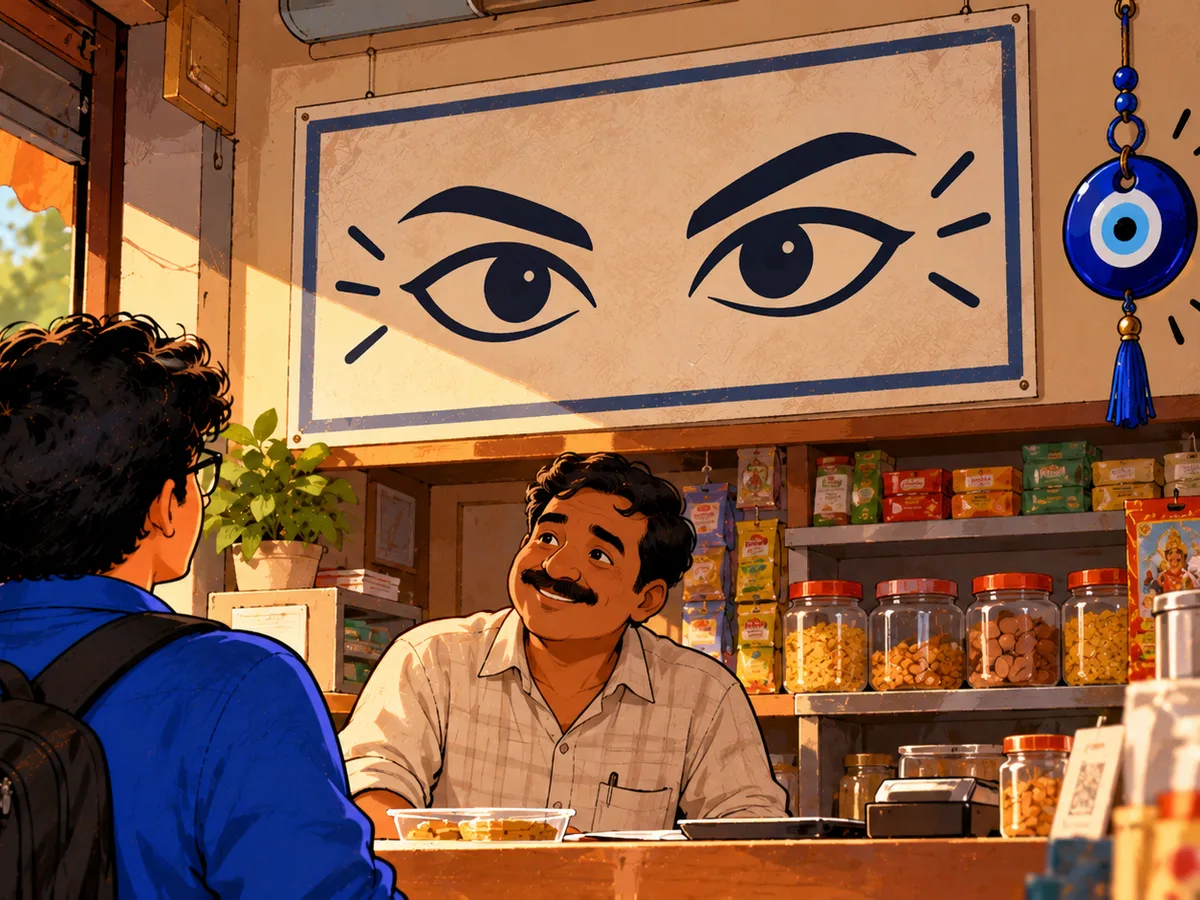 Illustration: a painted pair of eyes and a blue evil-eye charm hang over a small shop counter where a shopkeeper serves a customer.