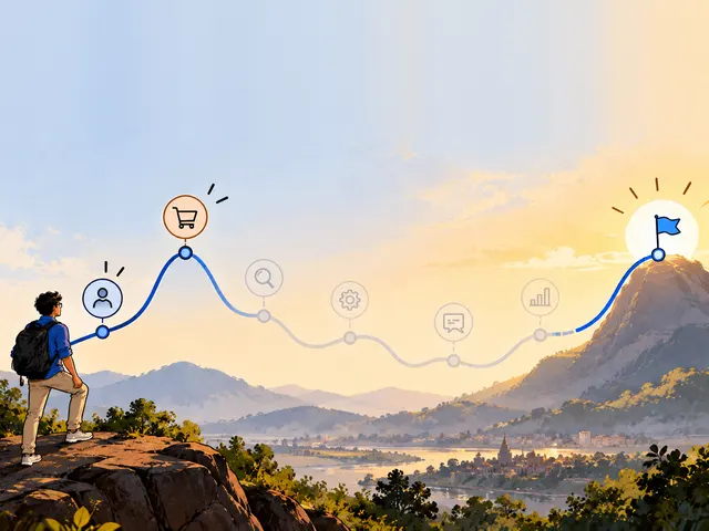 Illustration: a hiker on a rocky ledge looks along a line drawn across a valley that rises to a high point and ends at a flag on a sunlit peak.
