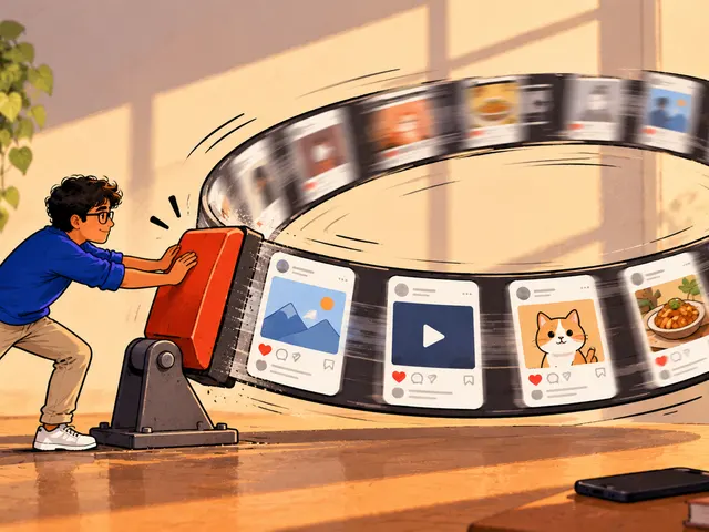 Illustration: a young man leans on a large red brake to slow an endless loop of feed cards.