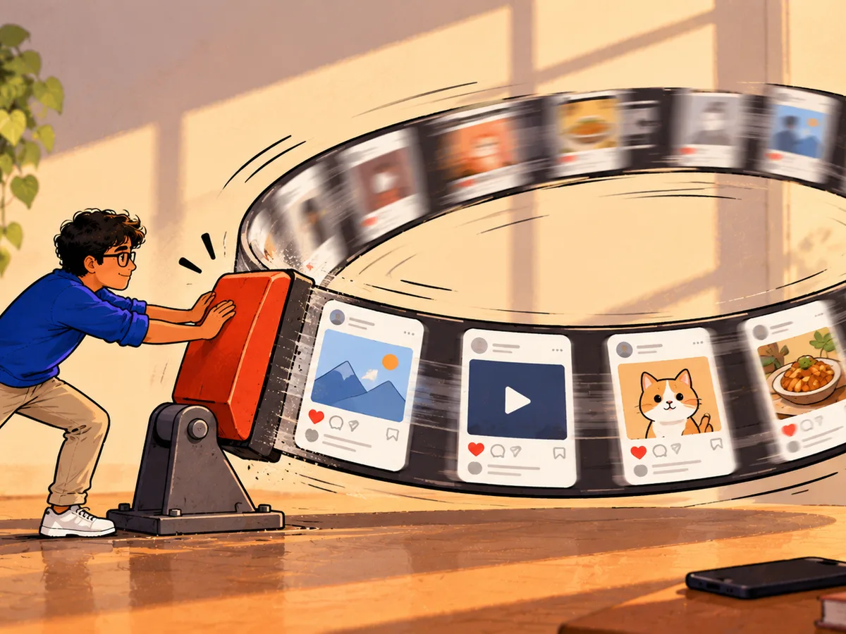 Illustration: a young man leans on a large red brake to slow an endless loop of feed cards.