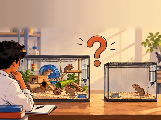 Illustration: a researcher looks at two rat cages, one full of toys, tunnels and other rats, the other bare with a single rat, under a big question mark.