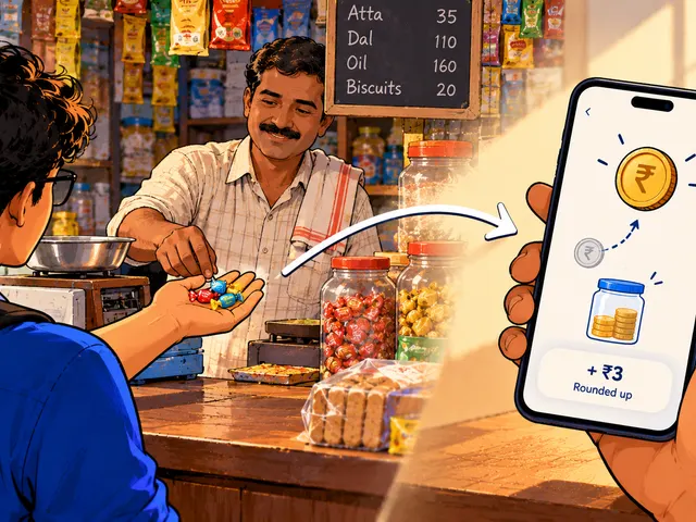 Illustration: a shopkeeper hands toffees as change at a kirana counter, and an arrow turns them into a rounded-up amount on a phone screen.