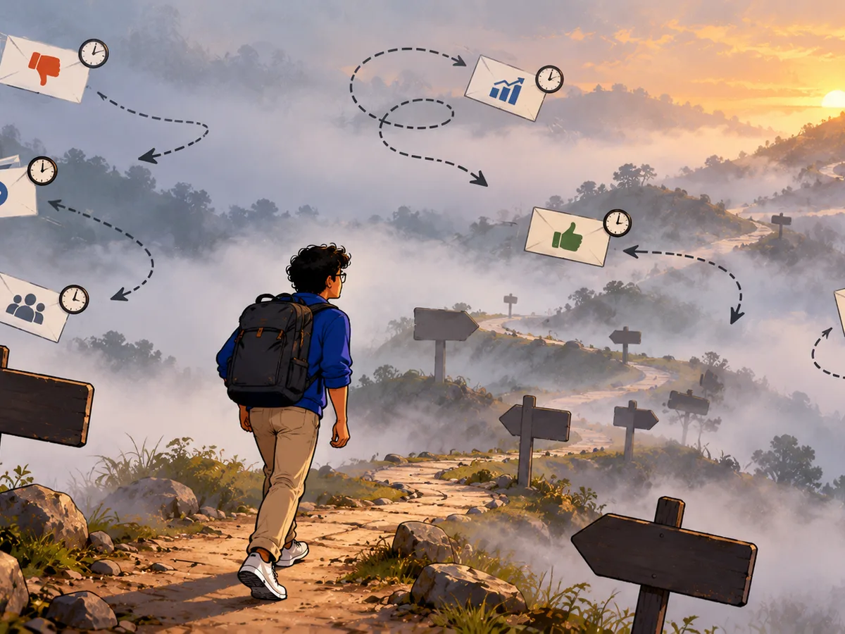 Illustration: a hiker walks a misty mountain path past blank signposts, while feedback cards with clocks arrive late along dotted arrows.