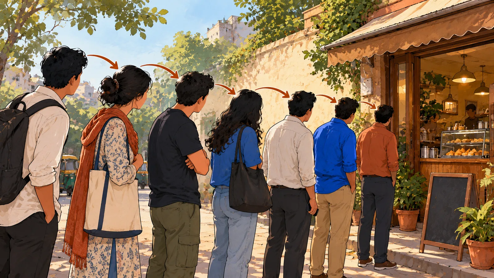 Illustration: a queue outside a small Indian café; each person looks at the person in front, with arrows passing from one to the next, rather than at the café.